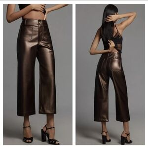 Anthropologie Maeve Colette Cropped Wide Leg Pants Faux Leather Metallic Brown
